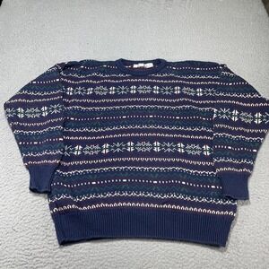 Claiborne Sweater Mens XL Blue Fair Isle Knit Crewneck Cotton Pullover Warm VTG